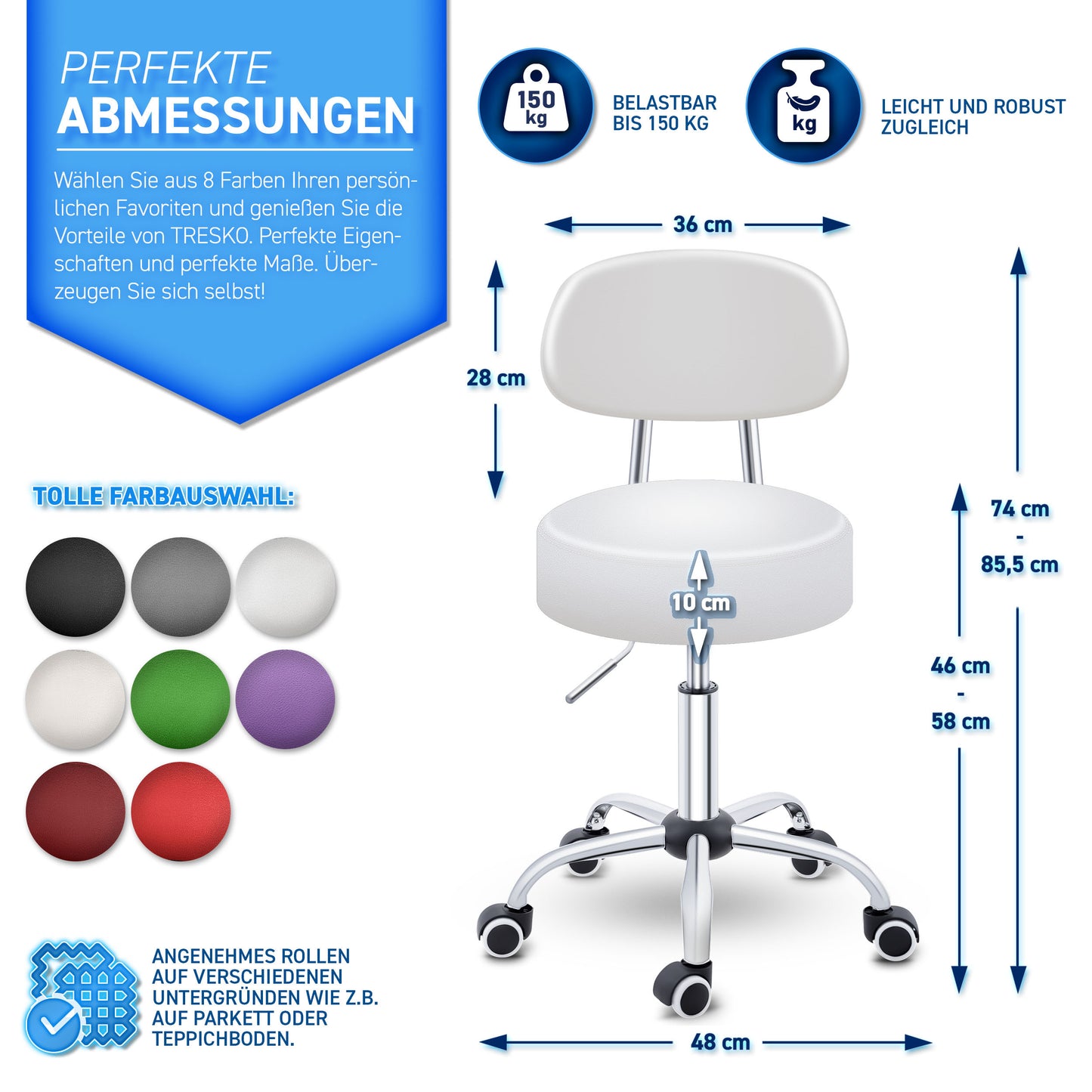 Tabouret Escalier TRESKO® avec Dossier 150 Kg | Tabouret de Travail Réglable en Hauteur 47-60 Cm | Tabouret Pivotant avec Roulettes | Tabouret Chaise de Bureau Chaise Pivotante