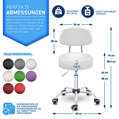 Tabouret Escalier TRESKO® avec Dossier 150 Kg | Tabouret de Travail Réglable en Hauteur 47-60 Cm | Tabouret Pivotant avec Roulettes | Tabouret Chaise de Bureau Chaise Pivotante