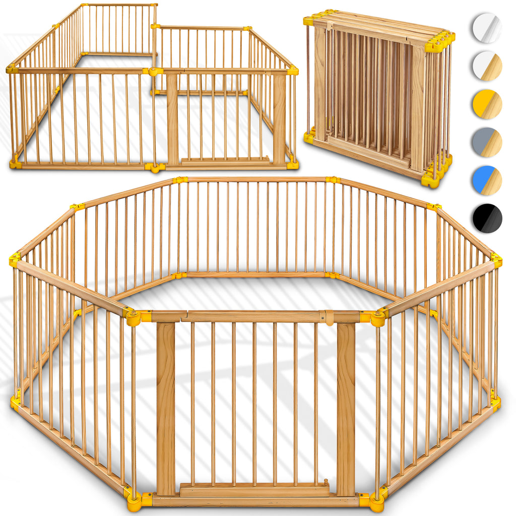 KIDUKU® Parc bébé pliable XXL de 7,2 mètres avec porte | Parc en bois avec double sécurité | Parc pliable pour enfants avec 8 éléments