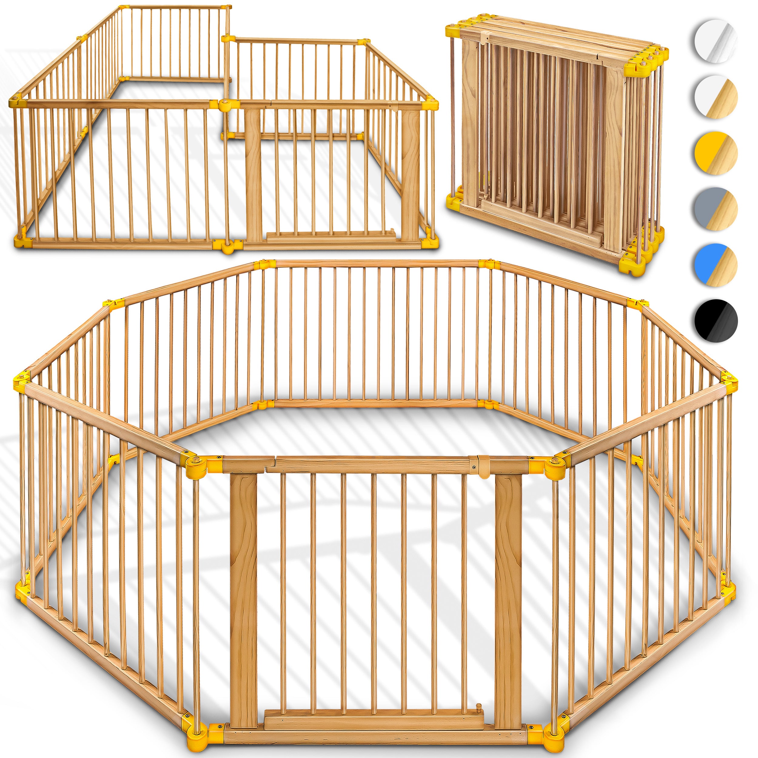 KIDUKU® Parc bébé pliable XXL de 7,2 mètres avec porte | Parc en bois avec double sécurité | Parc pliable pour enfants avec 8 éléments