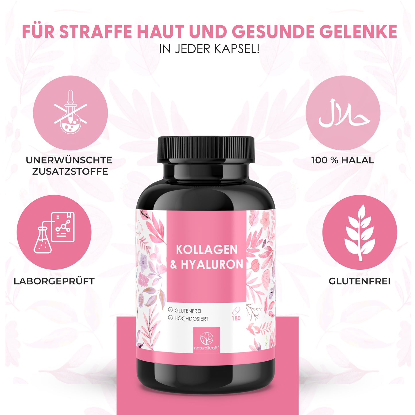 NATURALKRAFT® Collagène & Acide Hyaluronique Premium - avec Biotine, Zinc, Sélénium, Vitamine C & Silicium - Haute Biodisponibilité, Testé en Laboratoire, Qualité Marque Allemande - 180 Capsules