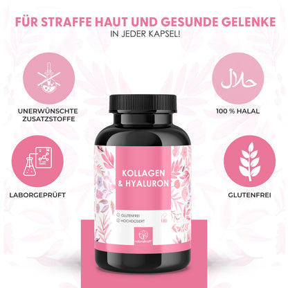 NATURALKRAFT® Collagène & Acide Hyaluronique Premium - avec Biotine, Zinc, Sélénium, Vitamine C & Silicium - Haute Biodisponibilité, Testé en Laboratoire, Qualité Marque Allemande - 180 Capsules