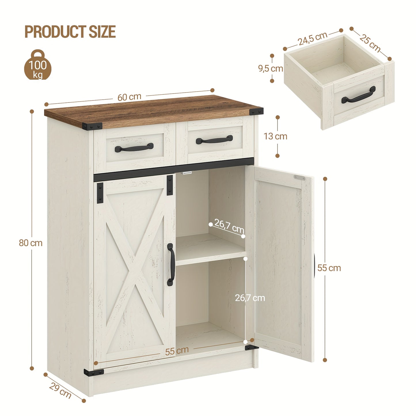 Armoire de Salle de Bain, Armoire avec 2 Tiroirs et 2 Portes, Meuble de Cuisine, Étagère Réglable, Style Maison de Campagne, Salon, 30 x 60 x 80 cm, Marron Blanc Vintage