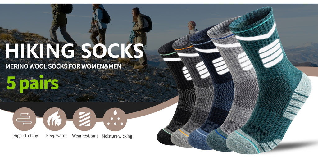 [Chaussettes techniques outdoor] 5 Paires de Chaussettes Randonnée en Laine Mérinos Rayées Lumineuses pour Hommes et Femmes - Course Sentier, Cyclisme, Trekking - Évacuation de l'Humidité - Semelle Cushion - Taille Haute