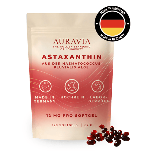 AURAVIA® Astaxanthin 12 Mg + Huile de Krill - 120 Capsules Souples - Astaxanthin à Forte Dose Sans Additifs - Antioxydants Naturels de l'Algue Haematococcus Pluvialis - Suppléments de Longévité
