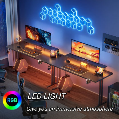 Bureau de Jeu RGB LED avec Prises Électriques et Support pour Moniteur, Poste de Travail Ergonomique pour Ordinateur, Grand Plateau en Fibre de Carbone pour Bureau à Domicile avec Porte-Gobelet et Crochet pour Casque, Noir