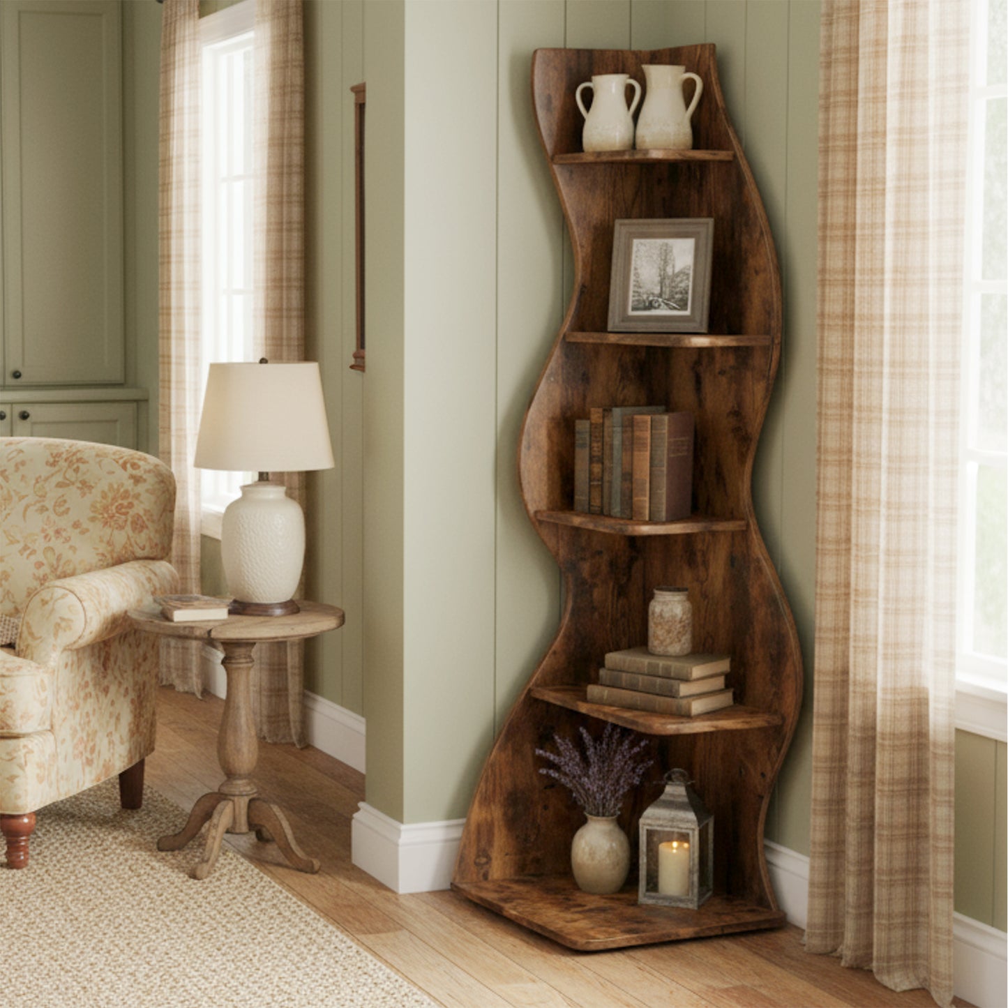 Étagère d'angle, étagère d'angle rustique à 5 niveaux, étagère d'angle élégante, petit meuble à livres, support de rangement pour plantes avec une forme unique pour le salon, le bureau à domicile.
