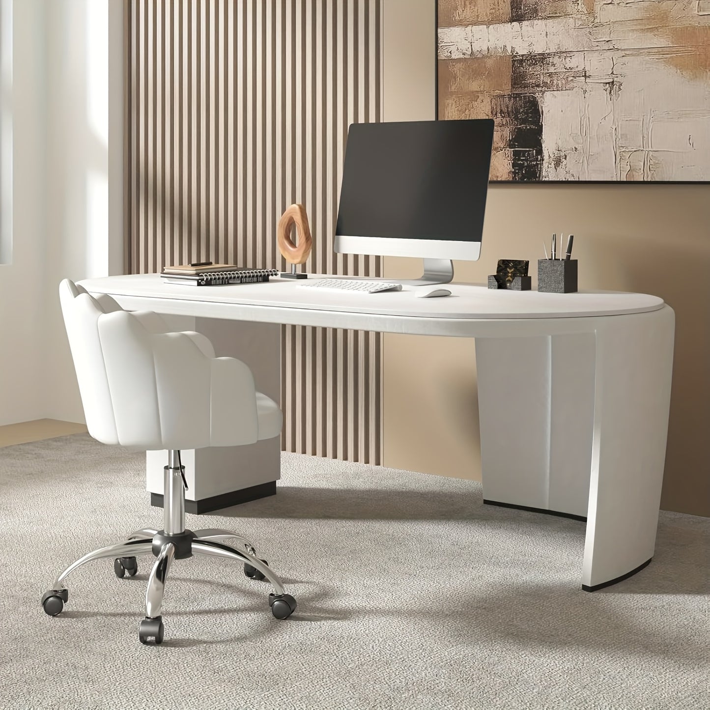 1pc Chaise de Bureau Maison, Chaise de Bureau, Chaise de Cosmétique, Chaise en Velours avec Dossier en Forme de Pétale - Confortable et Belle, Chaise Pivotante avec Roulettes, Hauteur de Chaise Réglable, Base en Métal, Facile à Assembler