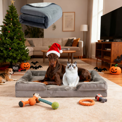XXL Extra - Lit/Canapé/Kenne pour grands chiens et chats - Gris foncé et gris clair, mousse à mémoire de forme épaissie, housse amovible et lavable, antidérapant avec bords latéraux, lit pour grands chiens/chats, cadeau de Noël, livré avec une couverture
