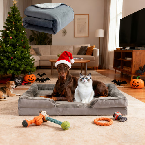 XXL Extra - Lit/Canapé/Kenne pour grands chiens et chats - Gris foncé et gris clair, mousse à mémoire de forme épaissie, housse amovible et lavable, antidérapant avec bords latéraux, lit pour grands chiens/chats, cadeau de Noël, livré avec une couverture