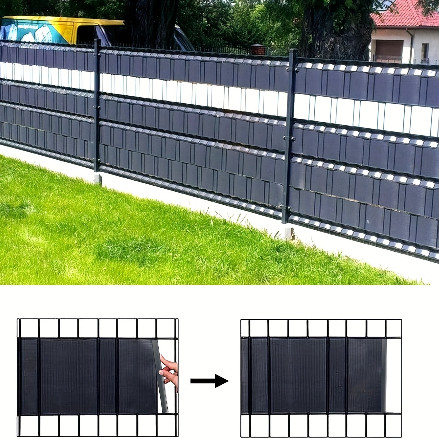 72 pièces de bandes d'écran d'intimité en PVC avec rails de serrage, conçues pour être utilisées comme barrière anti-vent ou écran d'intimité pour jardins et clôtures, comprenant des clips de fixation pour les clôtures en treillis double fil en couleur an
