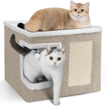 Maison pour chat avec lits à 2 niveaux, tunnel de jeu, canapé pliable, griffoir et balle suspendue en peluche - Cadre en nylon durable, toile douce, conception fermée toutes saisons, cube de lit pour chat d'intérieur facile à assembler, unité de divertiss