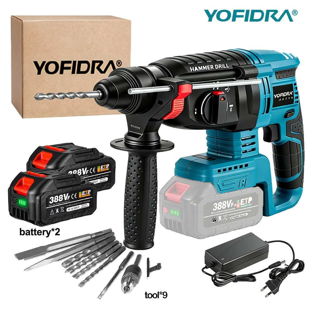 Perceuse à percussion électrique, poignée auxiliaire rotative à 180 degrés, boîte à vitesses 4 vitesses, mandrin métallique 26 mm, perceuse rotative sans fil, adaptée pour percer béton, acier, brique et bois, compatible avec les batteries YOFIDRA