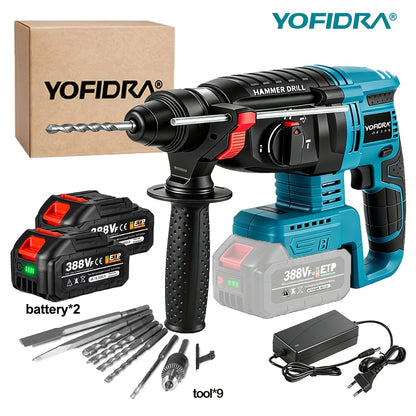 Perceuse à percussion électrique, poignée auxiliaire rotative à 180 degrés, boîte à vitesses 4 vitesses, mandrin métallique 26 mm, perceuse rotative sans fil, adaptée pour percer béton, acier, brique et bois, compatible avec les batteries YOFIDRA