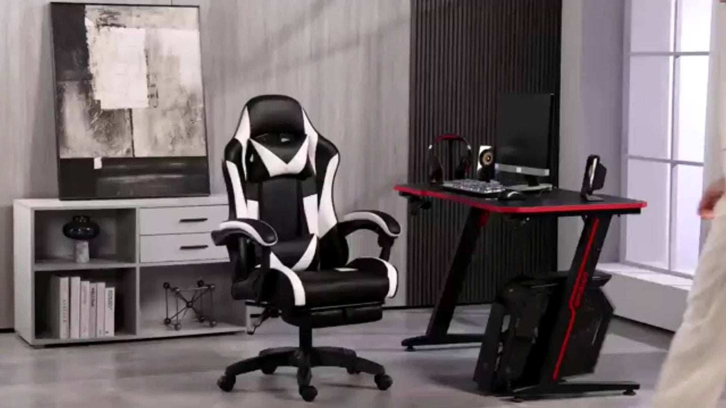 Fauteuil de gaming ergonomique avec repose-pieds - Fauteuil inclinable robuste à hauteur réglable, pivotant à 360° et avec support lombaire, mécanisme d'inclinaison manuel, options de couleur noir/rouge/blanc, texture imitation, rembourrage en mousse et c