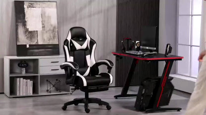 Fauteuil de gaming ergonomique avec repose-pieds - Fauteuil inclinable robuste à hauteur réglable, pivotant à 360° et avec support lombaire, mécanisme d'inclinaison manuel, options de couleur noir/rouge/blanc, texture imitation, rembourrage en mousse et c