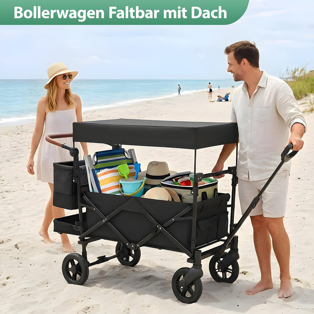 Chariot Pliant avec Toit Robuste 100 kg 150 L - Roues Freinées, Poignée Réglable, Tissu Nylon Oxford pour Camping Familial, Courses et Jardinage (Gris/Noir/Gris-Noir/Vert Foncé)