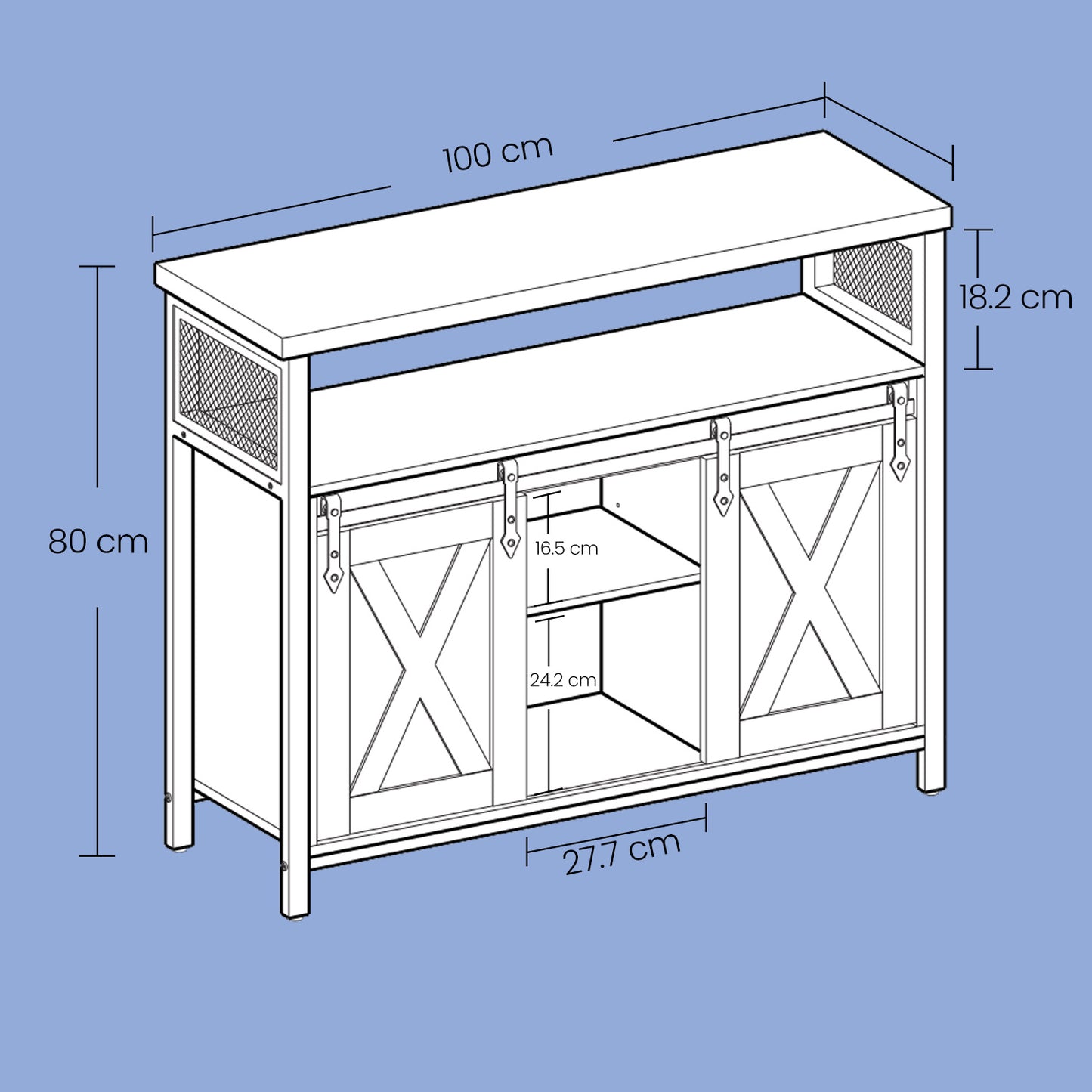 Meuble de Rangement, Buffet Cuisine, Commode, avec 2 Portes Coulissantes, 33 x 100 x 80 cm, Étagères Réglables, pour Salon