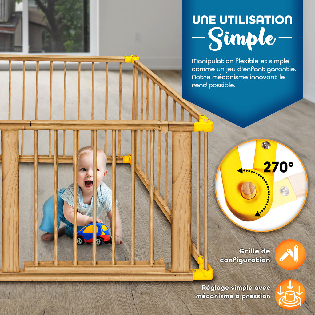 KIDUKU® Parc bébé pliable XXL de 7,2 mètres avec porte | Parc en bois avec double sécurité | Parc pliable pour enfants avec 8 éléments