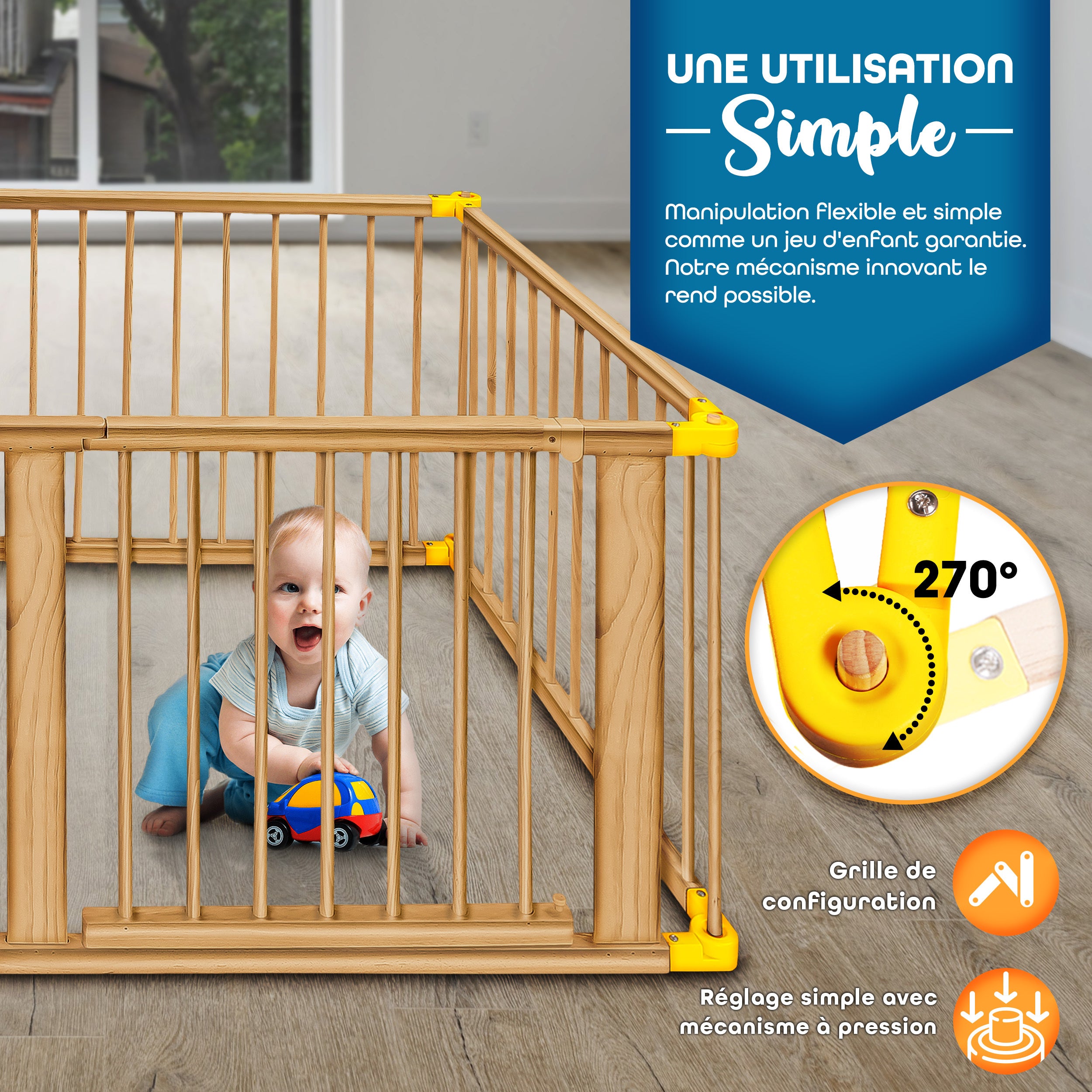 KIDUKU® Parc bébé pliable XXL de 7,2 mètres avec porte | Parc en bois avec double sécurité | Parc pliable pour enfants avec 8 éléments