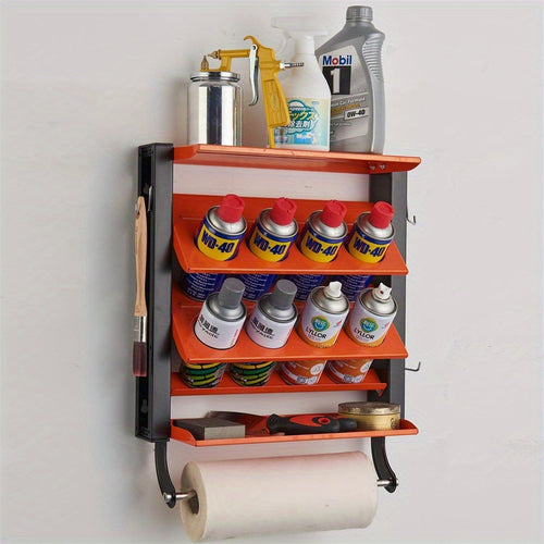 Organisateur mural en métal robuste pour aérosols avec rangement à 8 emplacements et 2 étagères - Étagère d'atelier de garage résistante, design vertical gain de place comprenant une tablette outils & un porte-essuie tout pou peinture, lubrifiants, nettoy