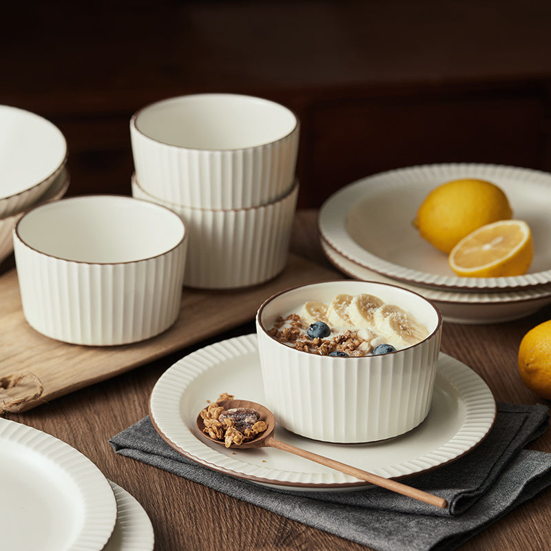 Ensemble de 4 bols de 11 cm (4,5 pouces), 400 ml, blanc perle, avec bords marron foncé dessinés à la main, ensemble de bols, vaisselle en céramique, bol à muesli, bol à petit-déjeuner, bol à dessert, bol à crème, bol à glace, bol à salade, bol à fruits, b