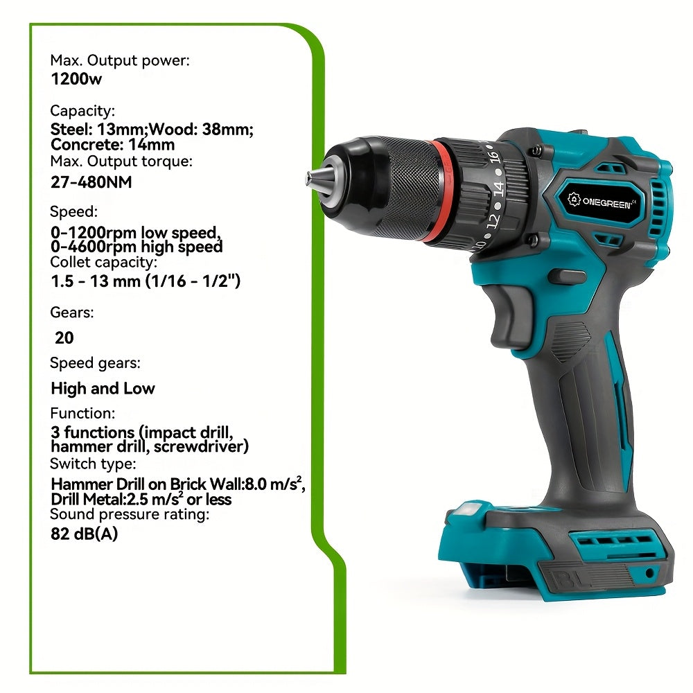 Perceuse Sans Fil Puissante - Moteur Sans Balais 1000W, 25 Vitesses, Multifonction (Visseuse/Perceuse/Marteau Perforateur) pour Bois, Mur, Béton, Vitesse Variable et Prise Type