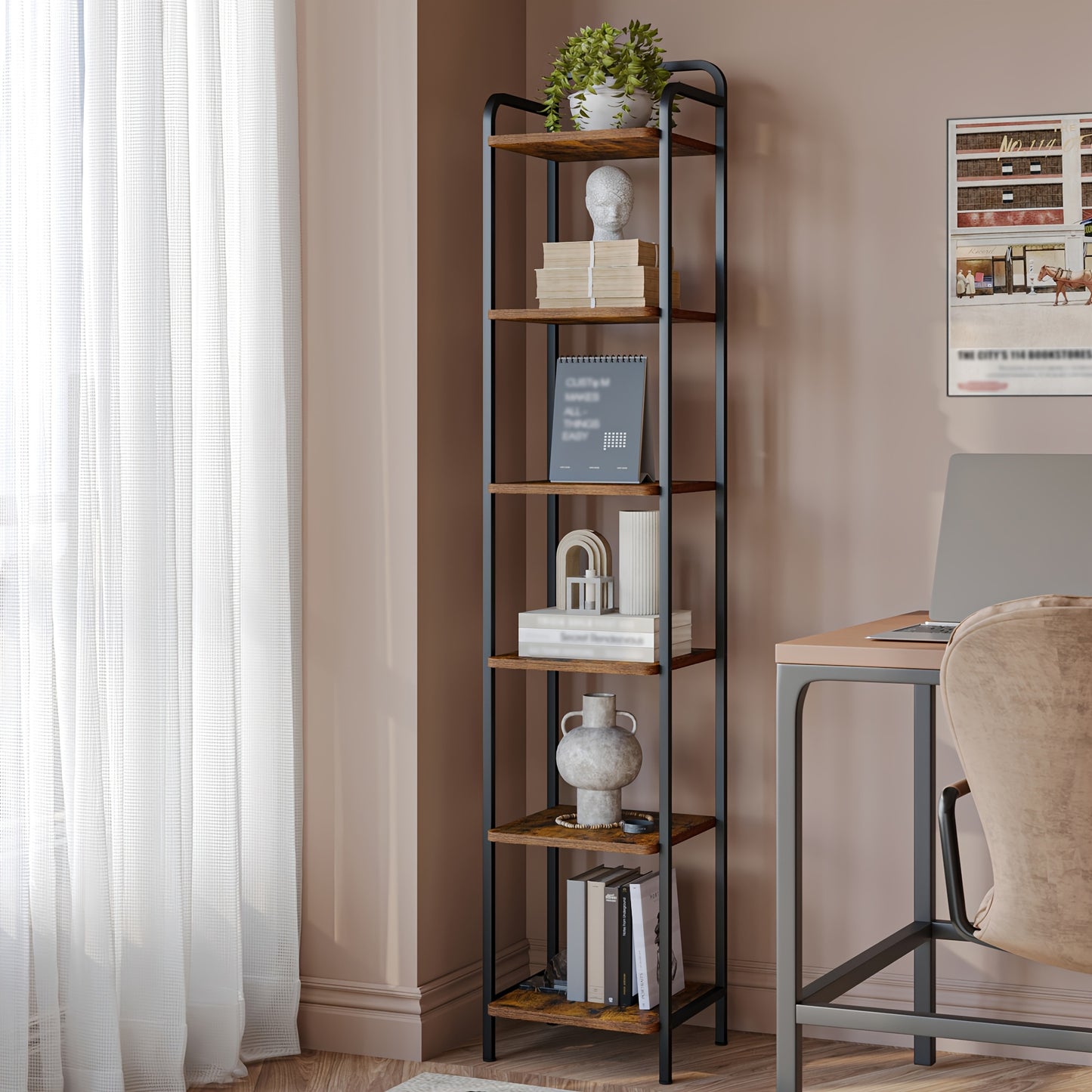 Étagère, Bibliothèque, Étagère Debout, Bibliothèque Étroite, Étagère d'Angle Industrielle, Étagère Mince pour Bureau à Domicile, Salon, Chambre, Cuisine, 6 Niveaux Vintage Marron-Noir