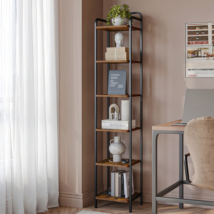 Étagère, Bibliothèque, Étagère Debout, Bibliothèque Étroite, Étagère d'Angle Industrielle, Étagère Mince pour Bureau à Domicile, Salon, Chambre, Cuisine, 6 Niveaux Vintage Marron-Noir