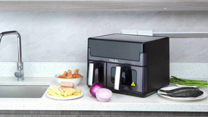Friteuse à air 10/11L avec deux paniers flexibles, écran tactile numérique, 8 modes de cuisson, température réglable, fenêtre de visualisation, lavable au lave-vaisselle et technologie de cuisson saine pour les familles et la préparation des repas