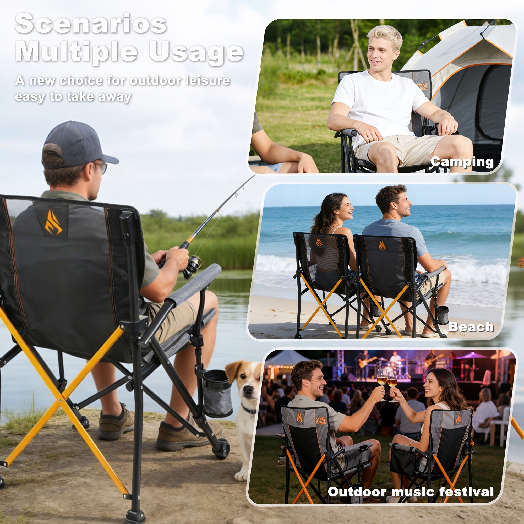 Chaise de camping pliante robuste Symino 150 kg, avec accoudoirs, ultralégère et portable, se plie instantanément, chaise d'extérieur pour la pêche et la plage