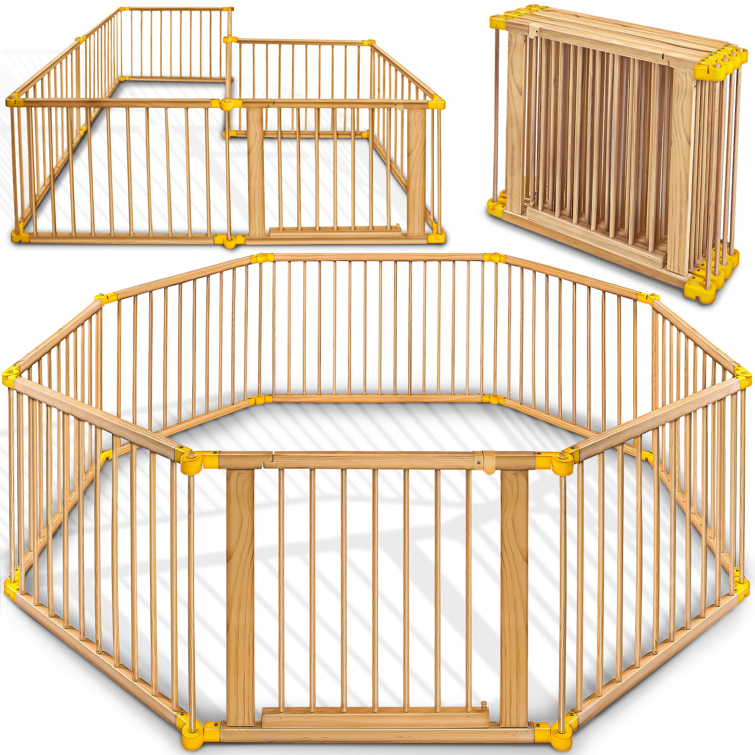 KIDUKU® Parc bébé pliable XXL de 7,2 mètres avec porte | Parc en bois avec double sécurité | Parc pliable pour enfants avec 8 éléments