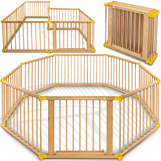 KIDUKU® Parc bébé pliable XXL de 7,2 mètres avec porte | Parc en bois avec double sécurité | Parc pliable pour enfants avec 8 éléments