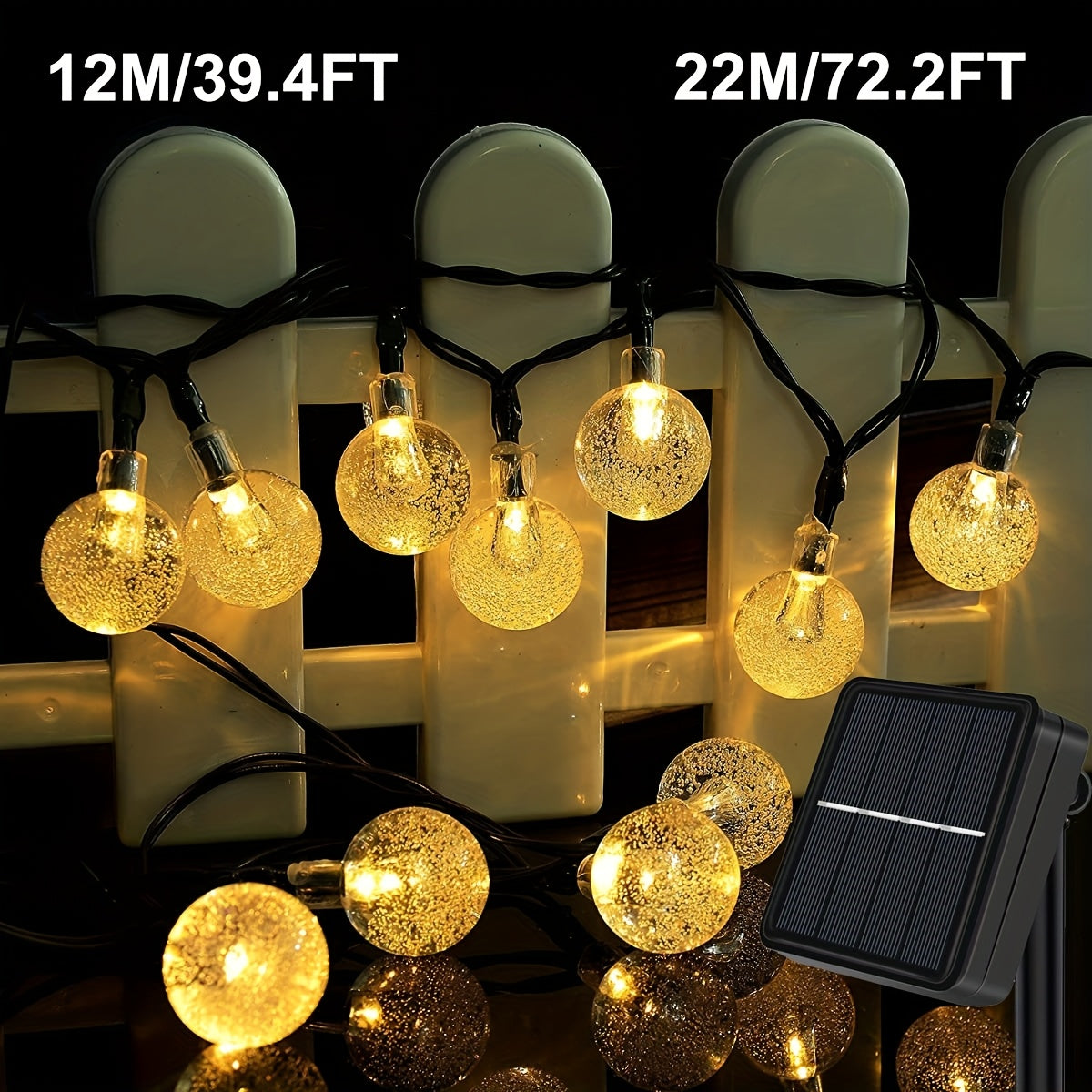 Guirlande Lumineuse Solaire Boule de Cristal 22M/12M 200 LED, 200LED/100LED Extérieur IP65, Lampe Solaire Extérieure, 8 Modes d'Éclairage, Lampe de Jardin Solaire, pour Jardin Patio Porche Décoration de Fête de Mariage Blanc Chaud