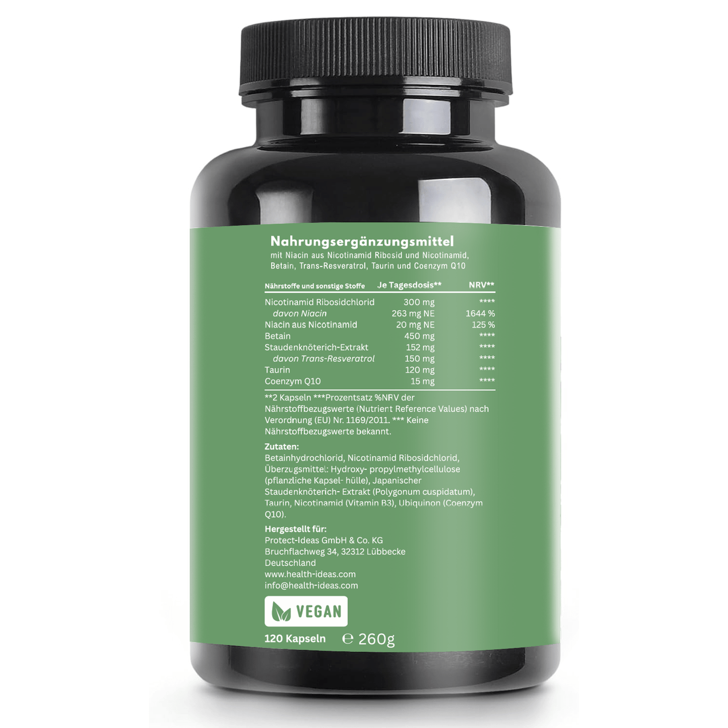 Capsules de Complexe NAD+ – Supplément avec Résvéral, Coenzyme Q10, Quercétine & Vitamine B3 – 120 Capsules Véganes – 2 Mois d'Approvisionnement