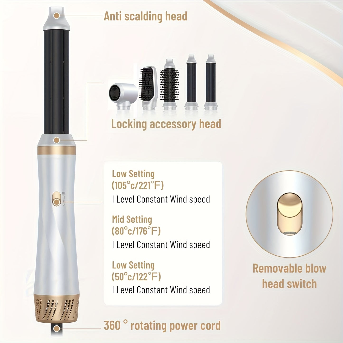 STYLEFI Kit de Coiffure 5-en-1 de Haute Qualité - Inclut Peigne à Air Chaud à Ions Négatifs Haute Vitesse 60 000 tr/min pour Séchage Rapide, Bigoudi à Air Chaud Amovible, Fer à Boucler et Lisseur Magique, Prise UK (220V) avec Fonction d'Arrêt Automatique