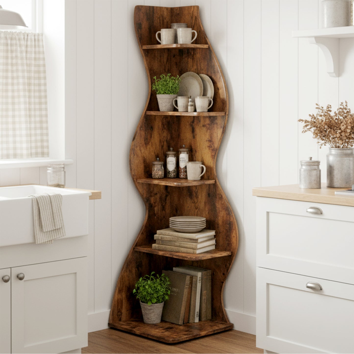 Étagère d'angle, étagère d'angle rustique à 5 niveaux, étagère d'angle élégante, petit meuble à livres, support de rangement pour plantes avec une forme unique pour le salon, le bureau à domicile.