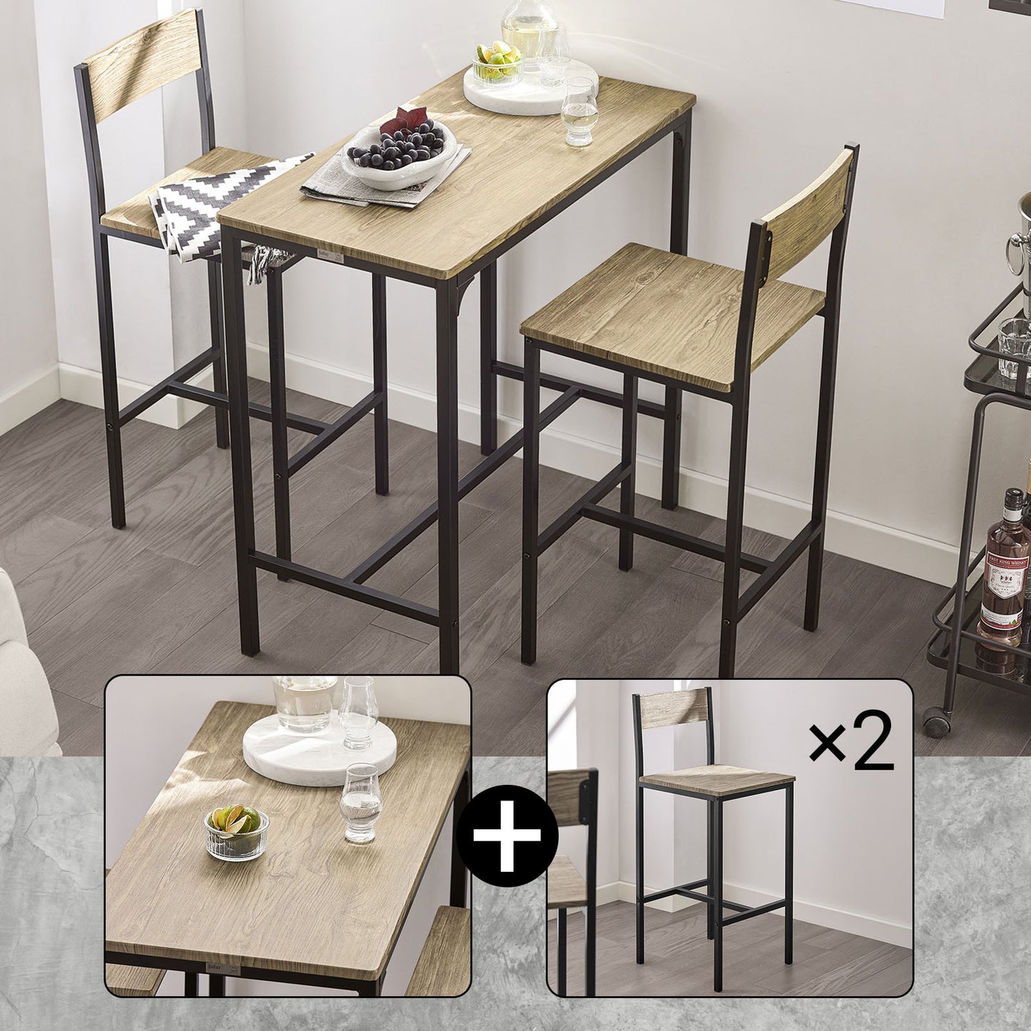 Table Haute Table de Cuisine Table de Salle à Manger Ensemble Repas Bistrot Avec 2 Chaises 1 Table 2 Places Chaises Rangement Sous Table Pour Cuisine Salle à Manger Balcon Salon Décor Bois Naturel 89x87x45cm SoBuy PHU14-O