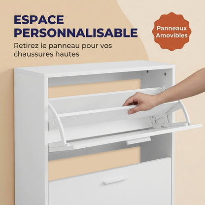 Meuble à chaussures avec 3 compartiments à abattant, armoire de rangement en bois pour jusqu'à 18 paires, organisateur d'entrée peu encombrant