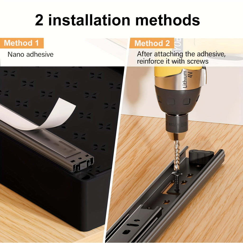 Un lot de 2 organisateurs d'armoire coulissants - étagère extensible à tiroirs adhésifs robuste, adaptée aux armoires de cuisine et étagères escamotables, idéale pour organiser le garde-manger, 31 cm-52 cm réglable (noir, blanc)