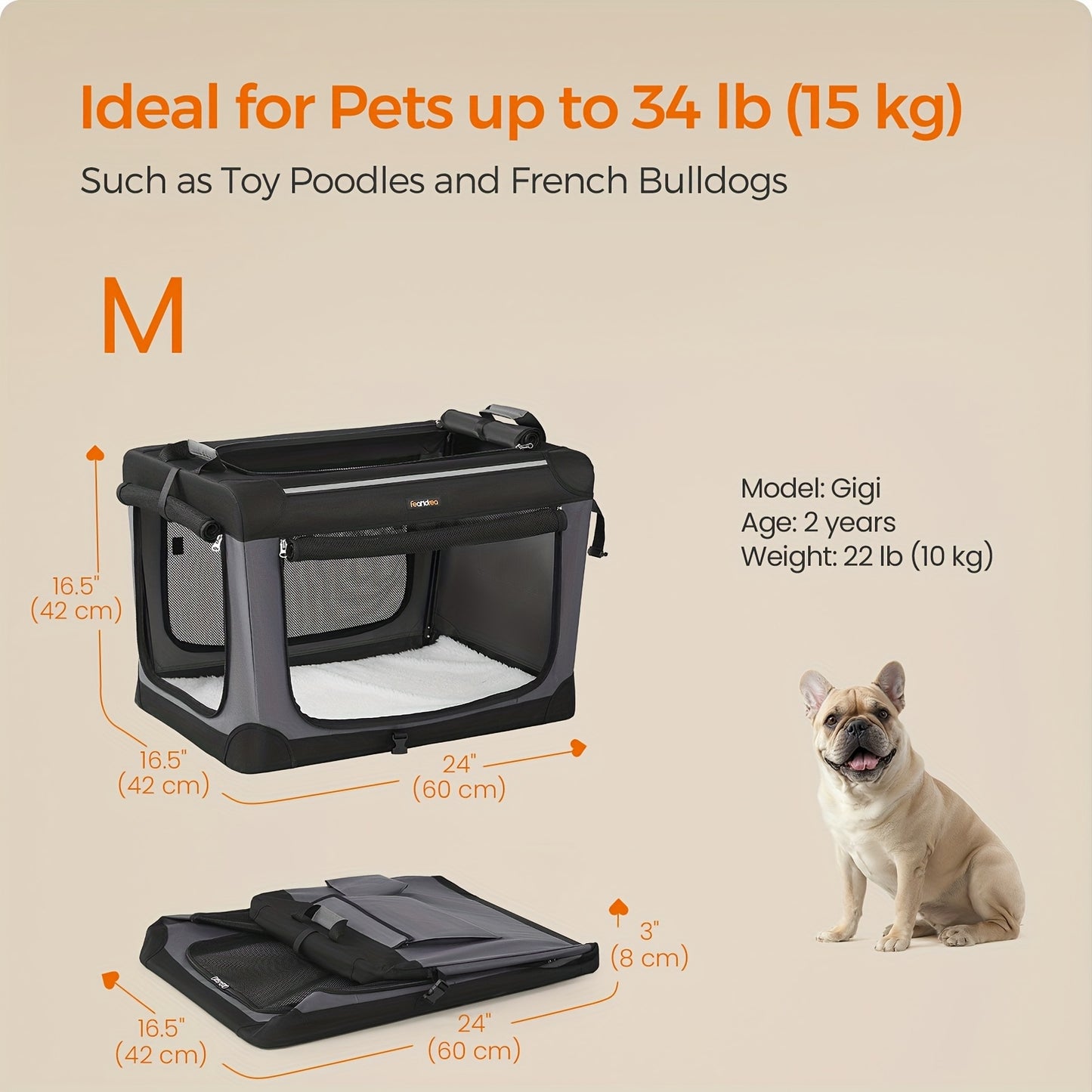 Cage Compacte pour Chien 60Cm pour Petites Races, Transporteur pour Animaux de Compagnie en Matériau Oxford avec 4 Entrées en Maille, Poignées de Transport et Poches pour Bouteilles d'Alimentation et d'Eau