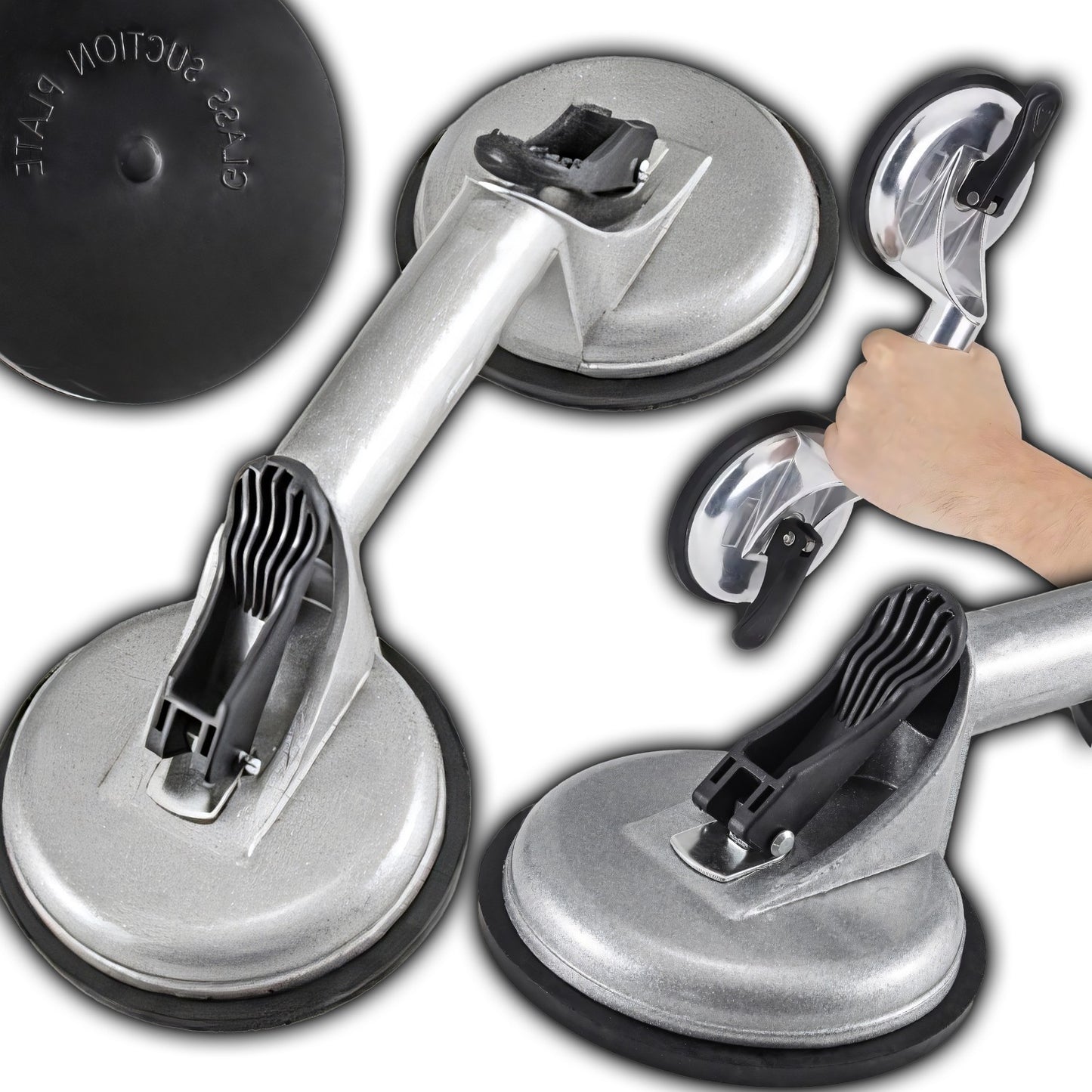 Double Ventouse pour Verre, Vitrage de Carrelage, Supports en Aluminium, Releveur Professionnel avec Levier Mécanique, Surface Antidérapante, Diamètre 2x11,5 cm, Capacité de Charge 60–100 kg, Corps Robuste en Aluminium, Poignée Ergonomique pour Transport