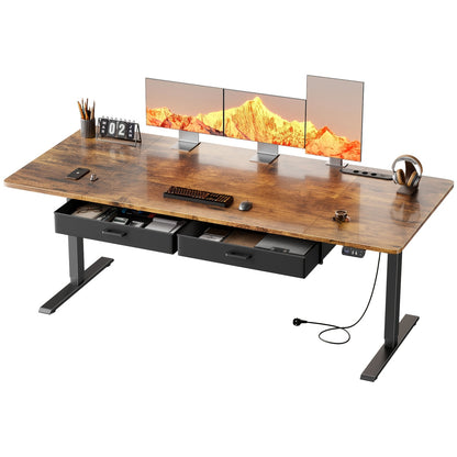 Furnishia Bureau Vertical Électrique avec Panneau Intelligent à Mémoire et 2 Tiroirs, Bureau à Hauteur Réglable avec Prises de Courant, pour Bureau d'Ordinateur à Domicile, Poste de Travail d'Écriture et Chambre à Coucher