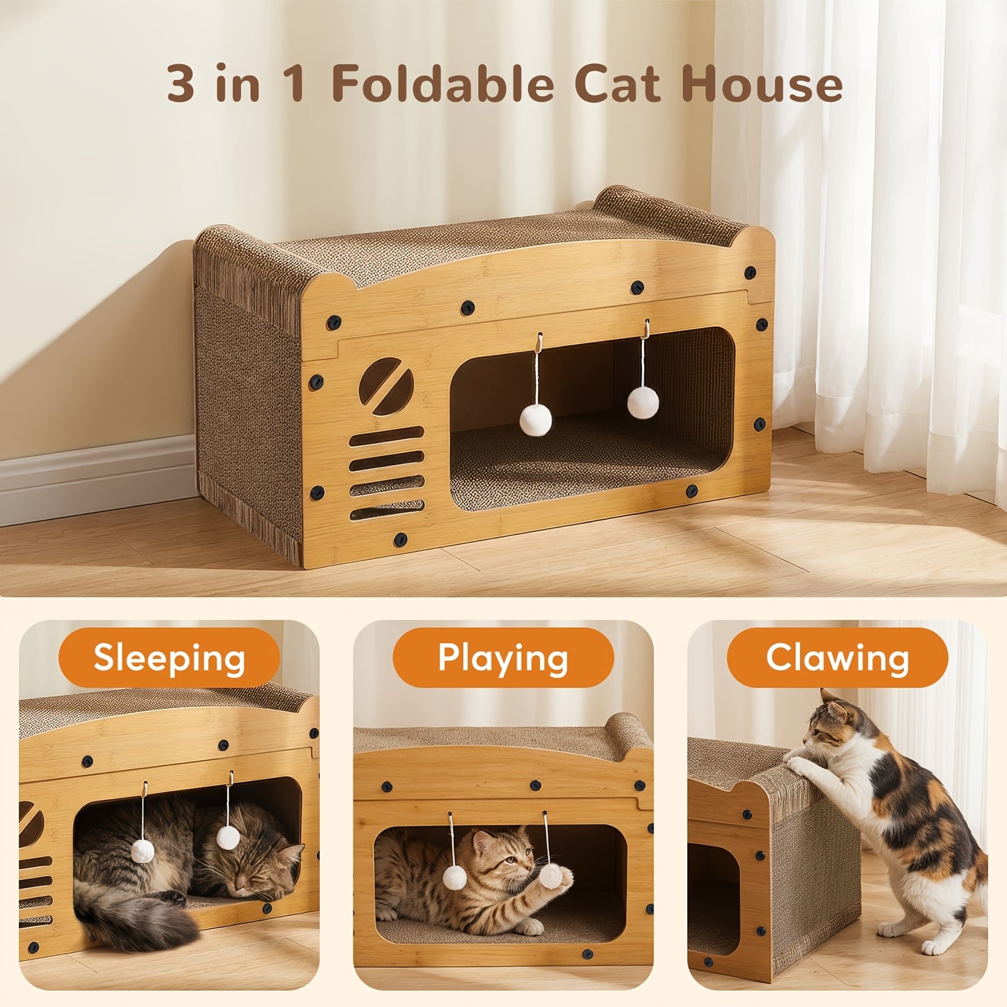 Grand griffoir lit pour chat avec jouets suspendus et coussin confortable - Carton durable, conception à plusieurs niveaux pour toutes les tailles de chats, cadeau d'été parfait pour les amoureux des chats, griffoir | Fauteuil décoratif | Construction rob