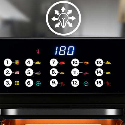 Friteuse à air sans graisse 12L, four multifonctionnel 1350W, 10 modes de cuisson, écran LED tactile, contrôle du temps et de la température 80-200°C, circulation d'air chaud, fenêtre de visualisation avec éclairage, nettoyage facile, ensemble avec gant e