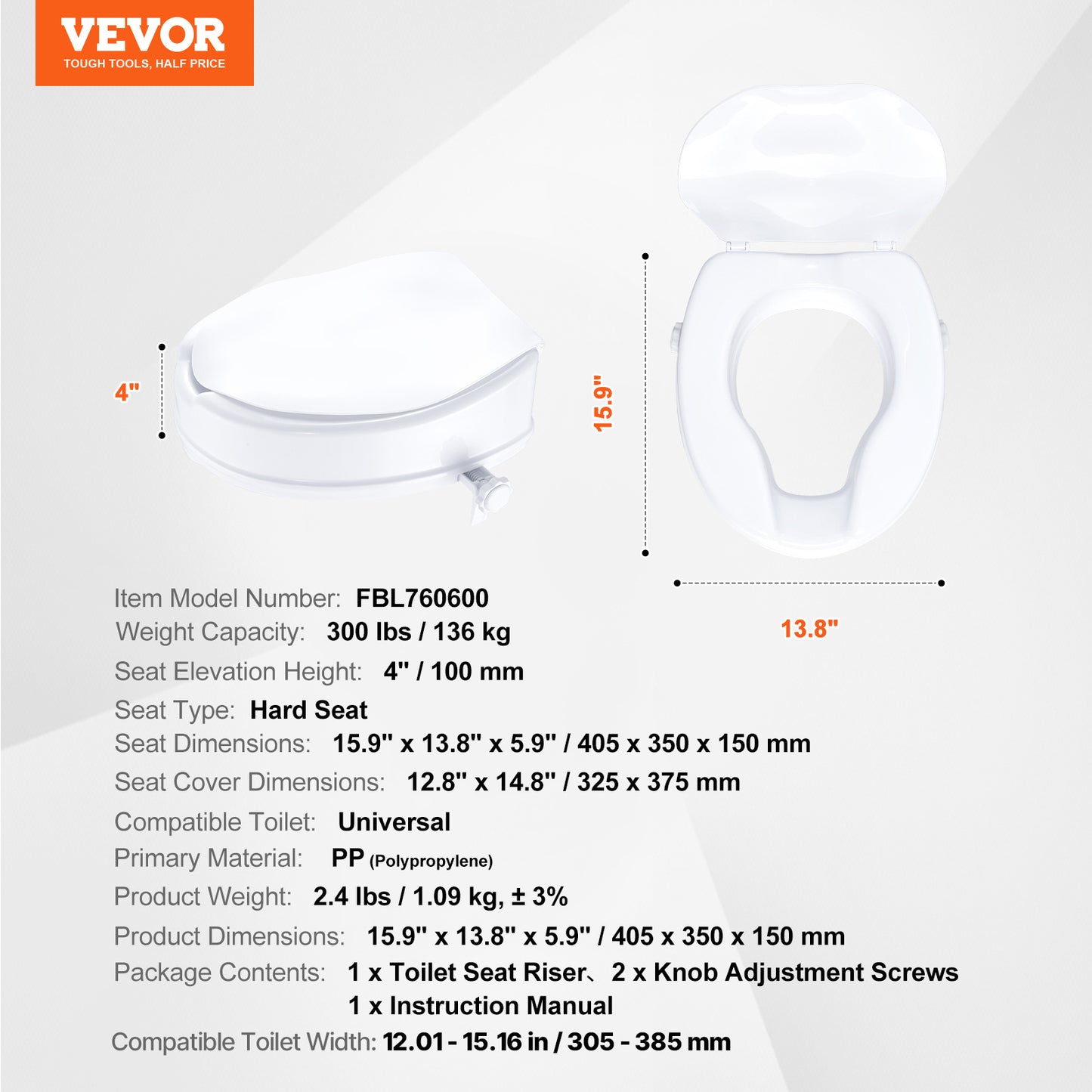 Siège de Toilette Élevé VEVOR, Hauteur de 4", Capacité de 300 lbs, Support Universel, Verrouillage à Vis, pour Personnes Âgées, Handicapées, Enceintes, Patients, Médical