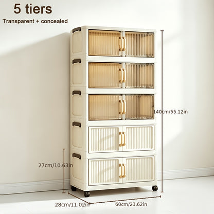 Bacs de rangement en plastique à 5 niveaux de 60 cm, boîtes empilables avec couvercles, conteneurs pliables avec roulettes verrouillables pour chambre à coucher, salon, bureau et bureau