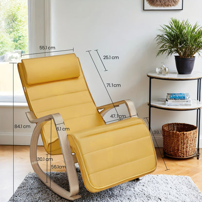 Fauteuil à bascule en bois de bouleau avec accoudoirs, un design lounge et un repose-pieds réglable en cinq positions différentes