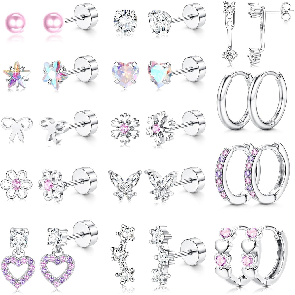 2D Plat - 14 Paires de Boucles d'Oreilles Plat Hypoallergéniques pour Femmes | Acier Inoxydable Chirurgical, Plaqué Or 14K, Zircone Synthétique, Style Élégant et Facile - Ensemble de Boucles d'Oreilles Platback Mignonnes, Petites Boucles d'Oreilles