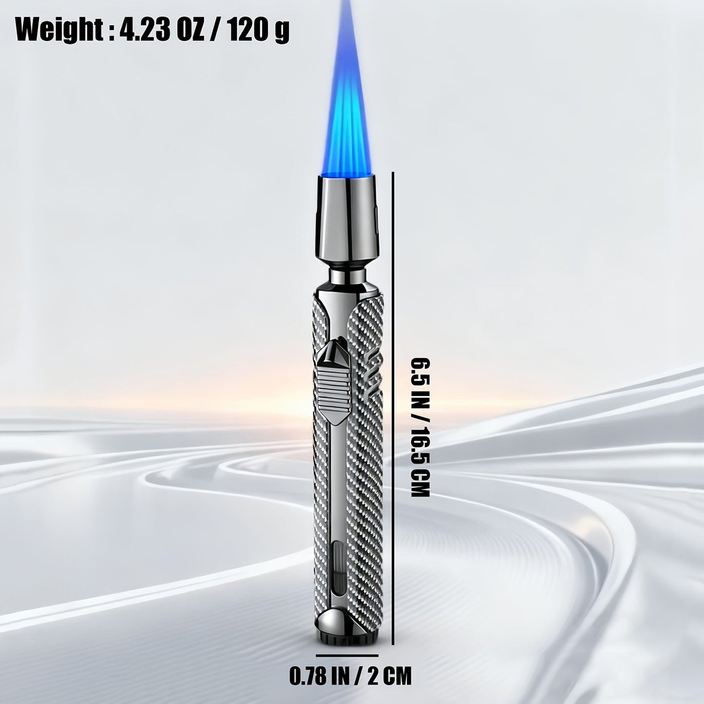 Briquet en métal, design luxueux à tube long à carreaux, poli, coupe-vent, rechargeable au butane, réglable, triple flamme bleue à jet avec réservoir visible, en alliage de zinc, plus facile à utiliser pour le camping, le barbecue, les bougies (sans gaz b